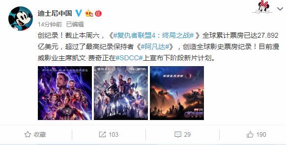 《阿凡达》不败金身告破!《复联4》创最高票房新记录